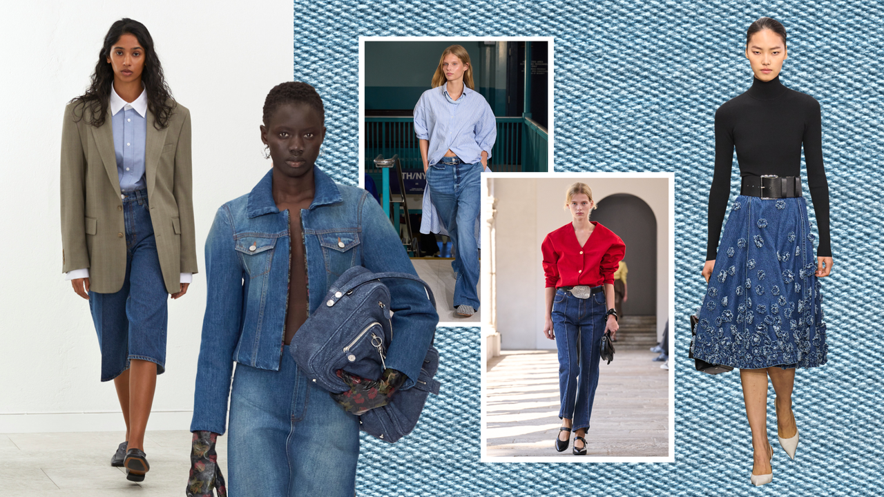 collage of models wearing denim on the Spring 2025 runways 