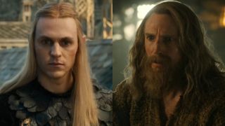 From left to right: Charlie Vickers as Sauron in Season 2 looking straight forward and Daniel Weyman as The Stranger looking concerned and to his left. 