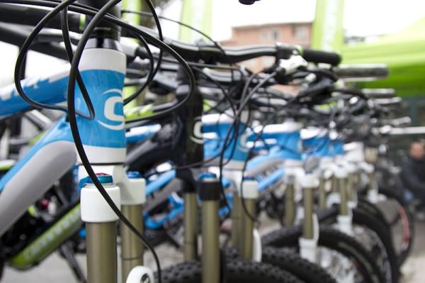 Cannondale Jekylls all lined up and ready to ride.