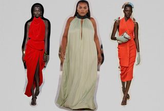 A collage of models wearing the halter dress trend.