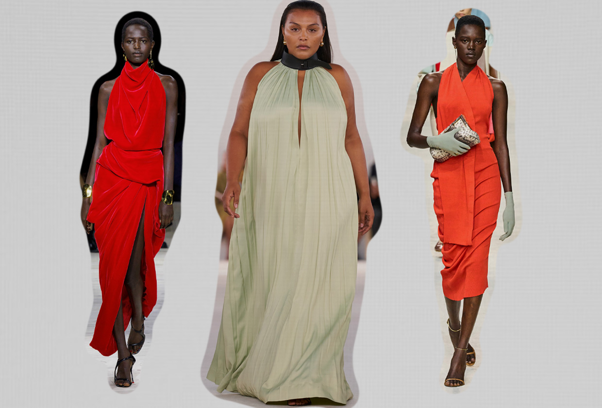 a collage of models wearing halter dress trend