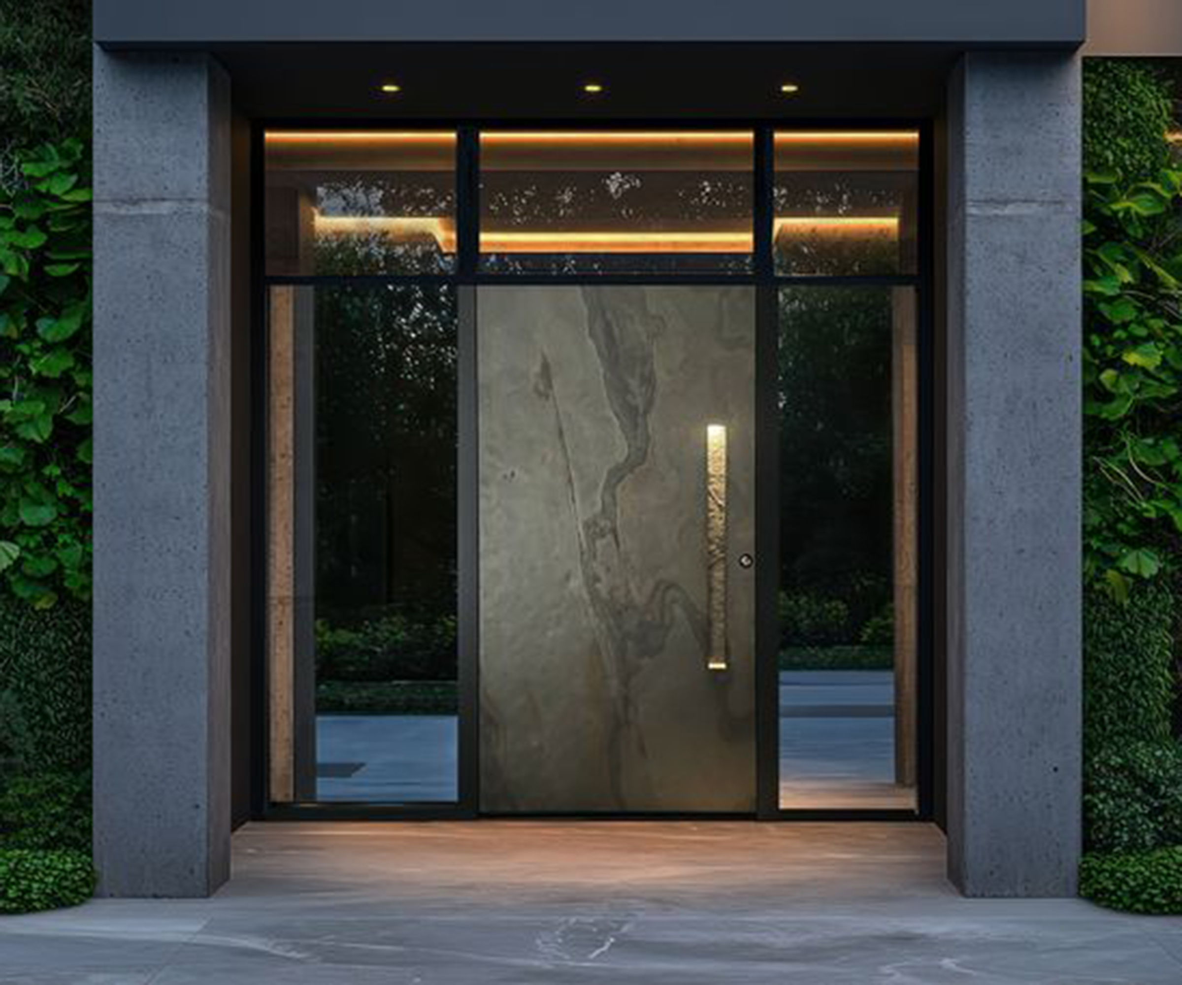 A green stone effect door in a grand and contemporary entranceway