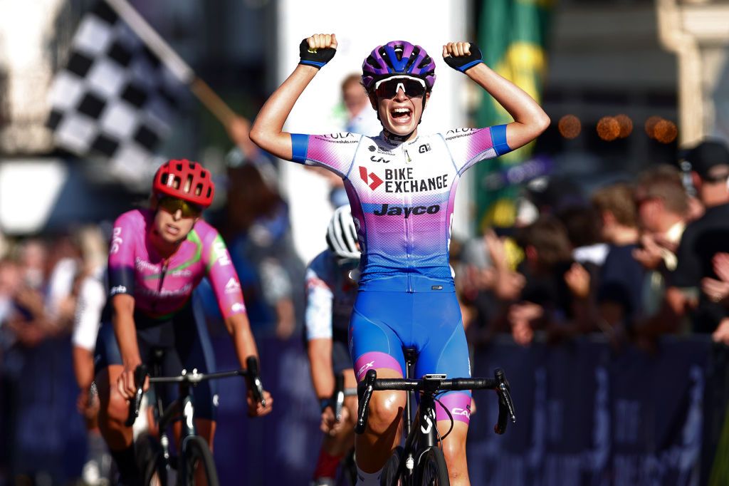 BALLARAT AUSTRALIA JANUARY 14 Ruby RosemanGannon of Australia celebrates at finish line as race winner ahead of Josie Talbot of Australia and Peta Mullens of Australia during the Australian Cycling National Championships 2022 Criterium Womens U23 And Elite a 385km race from Ballarat to Ballarat AusCyclingAus on January 14 2022 in Ballarat Australia Photo by Con ChronisGetty Images