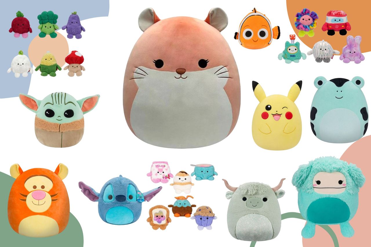 Collage showing Squishmallows, Fuzz-a-Mallows and BumBumz toys