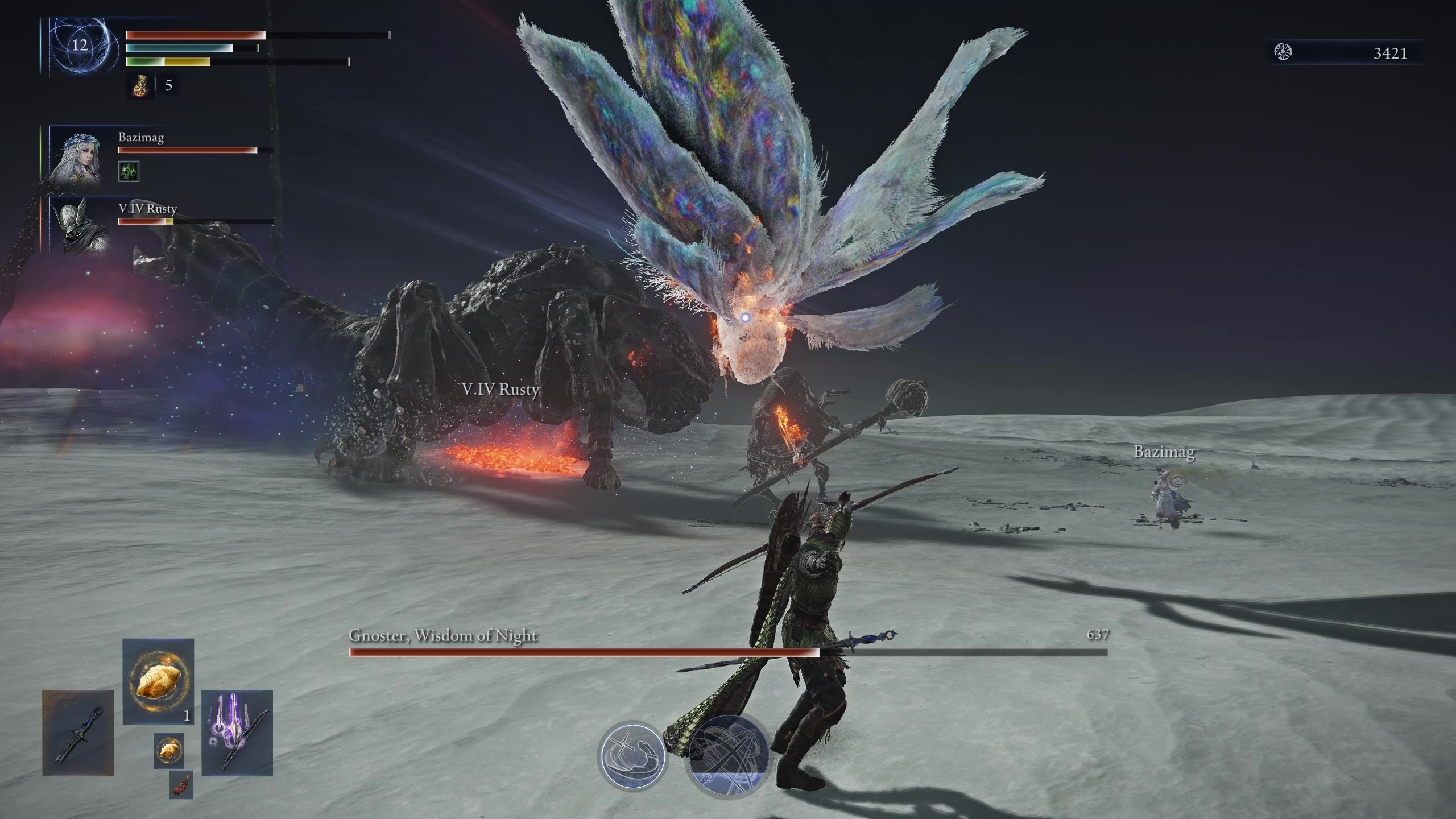 Elden Ring Nightreign Sentient Pest guide: The scorpion and moth Gnoster bugs fighting next to each other as Ironeye fires at them.
