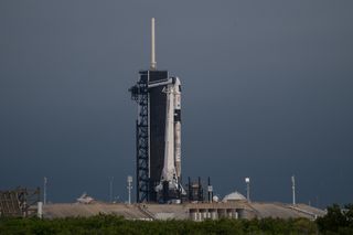 The SpaceX Falcon 9 rocket carrying the Crew Dragon Endeavour stands atop Pad 39A of NASA's Kennedy Space Center in Cape Canaveral, Florida on April 18, 2021. It will launch the Crew-2 astronauts to the International Space Station on April 23.