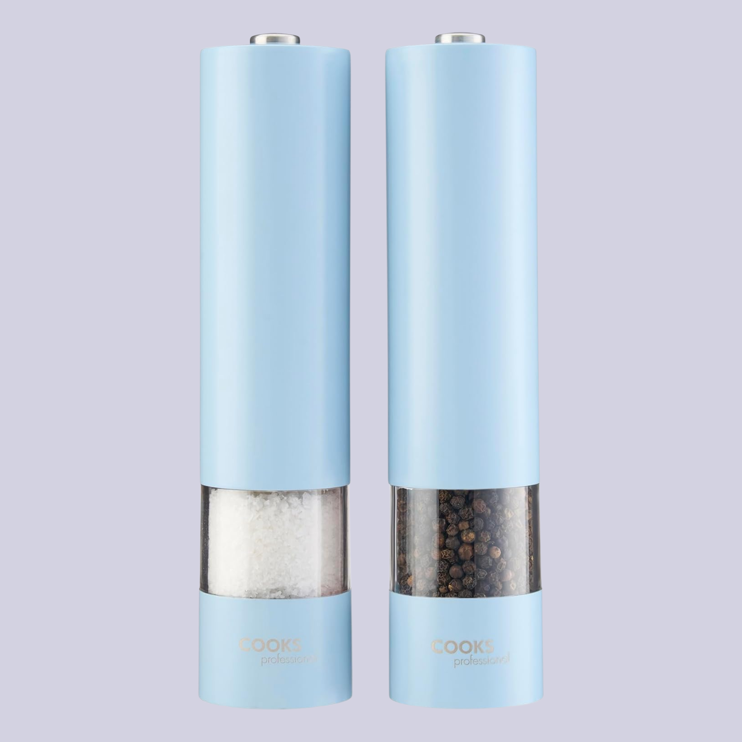 A set of blue salt and pepper mills