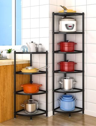 black corner shelves in a kitchen with pots and pans