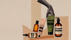 A collage of pictures of Aesop products and a hand grabbing and lifting one.