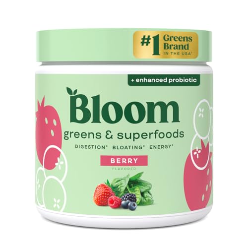 Bloom Nutrition Super Greens Powder Berry (30 Servings) Blends Probiotics, Digestive Enzymes, Spirulina, and Chlorella to Support Women&amp;rsquo;s Gut Health, Reduce Bloating, and Improve Digestion Naturally