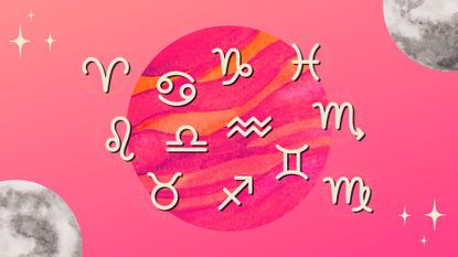 The zodiac signs and the full moon against a pink background