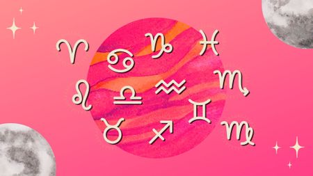 The zodiac signs and the full moon against a pink background