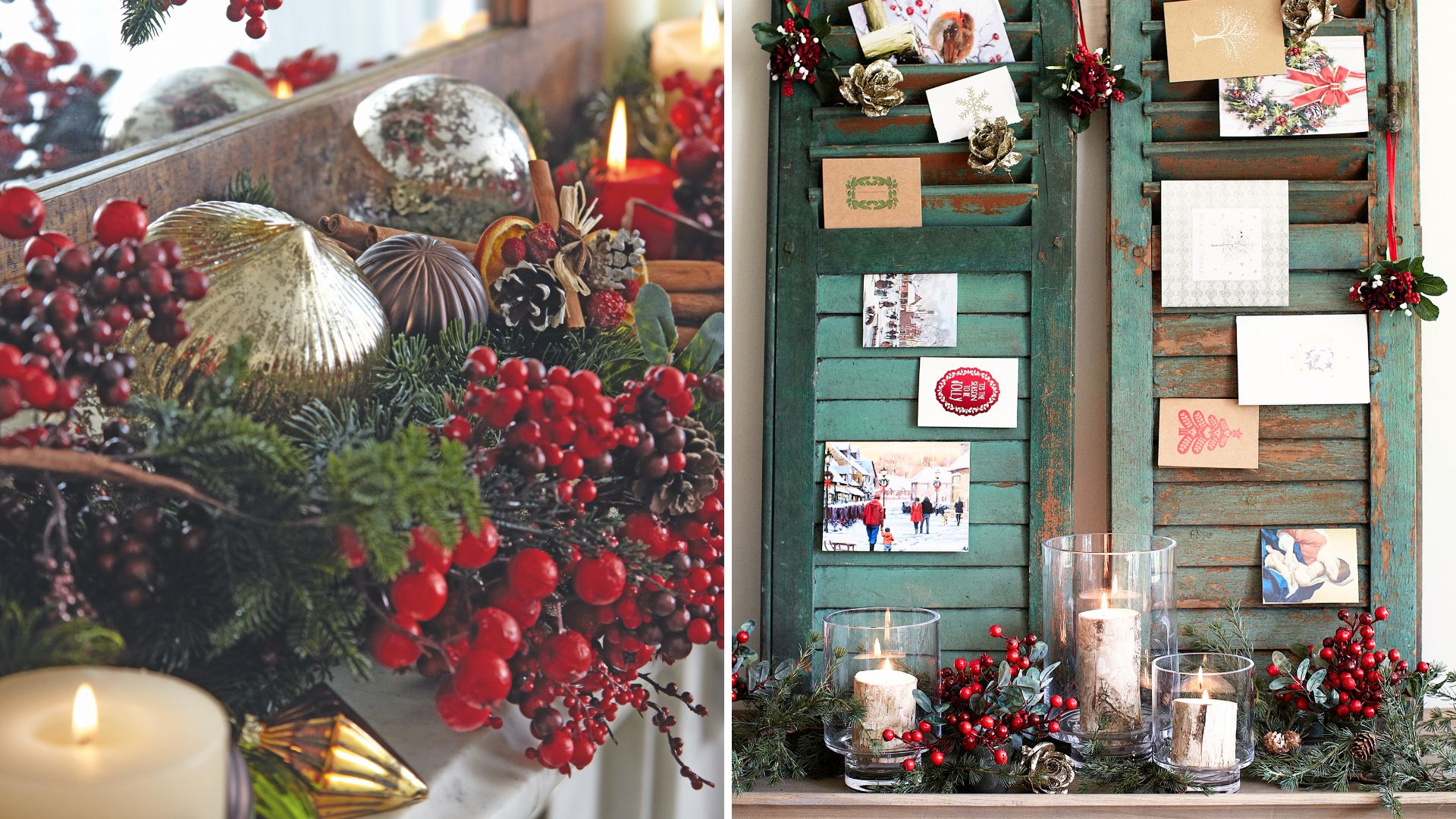split image of two traditional red Christmas tabletop displays