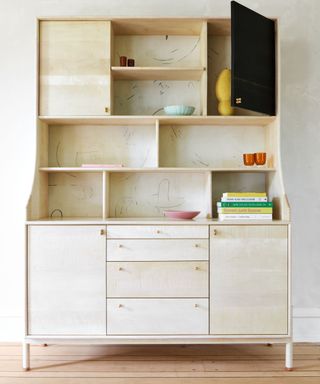 East Otis Facehutch dresser-style cabinet in pale wood with cupboards and shelves above