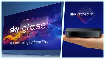 Sky TV hardware Sky Glass and Sky Stream on blue background