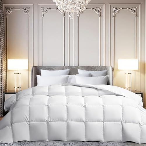 Martha Stewart White Goose Feather Down Fiber Comforter Queen Size- All Season Duvet Insert, Noiseless Fabric With 51oz Filled Luxury Cloud Fluffy Bed Comforter With 8 Corner Loops, White 90x90inch