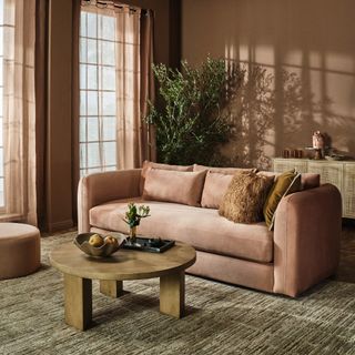 Pantone x Joybird Sebastian Sofa Royale Mocha in a brown living room