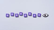 An illustration of eight purple asterisks on a grey background to represent a password, with an eye to the right looking at the asterisks.