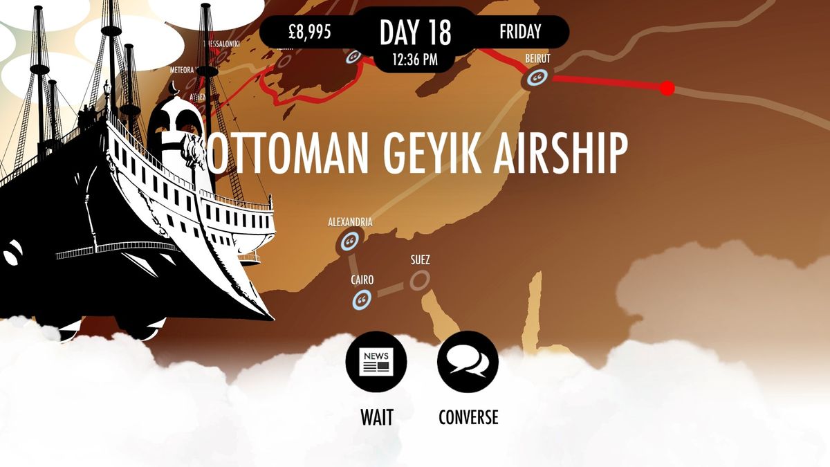 An airship takes Fogg and Passepartout to their next destination.
