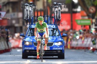 A sad Peter Sagan (Tinkoff-Saxo) comes to the line after being knocked off his bike by a race moto