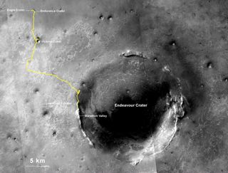 NASA's Mars Exploration Rover Opportunity, having been on Mars since January 2004, exceeded 25 miles of total drivindg on July 27, 2014. The yellow line indicates Opportunity's route from the landing site.