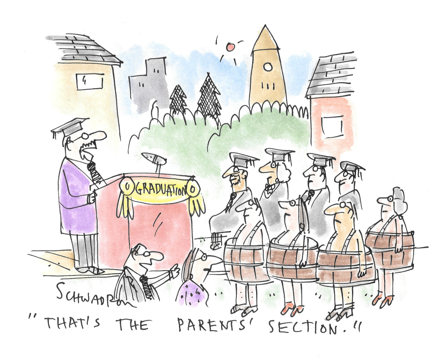 A graduation ceremony is taking place outdoors. A speaker stands at a podium labeled "GRADUATION." In front of the podium, several adults are wearing only wooden barrels, suppported by suspenders, A man points to them and explains to another, "THAT'S THE PARENTS' SECTION."