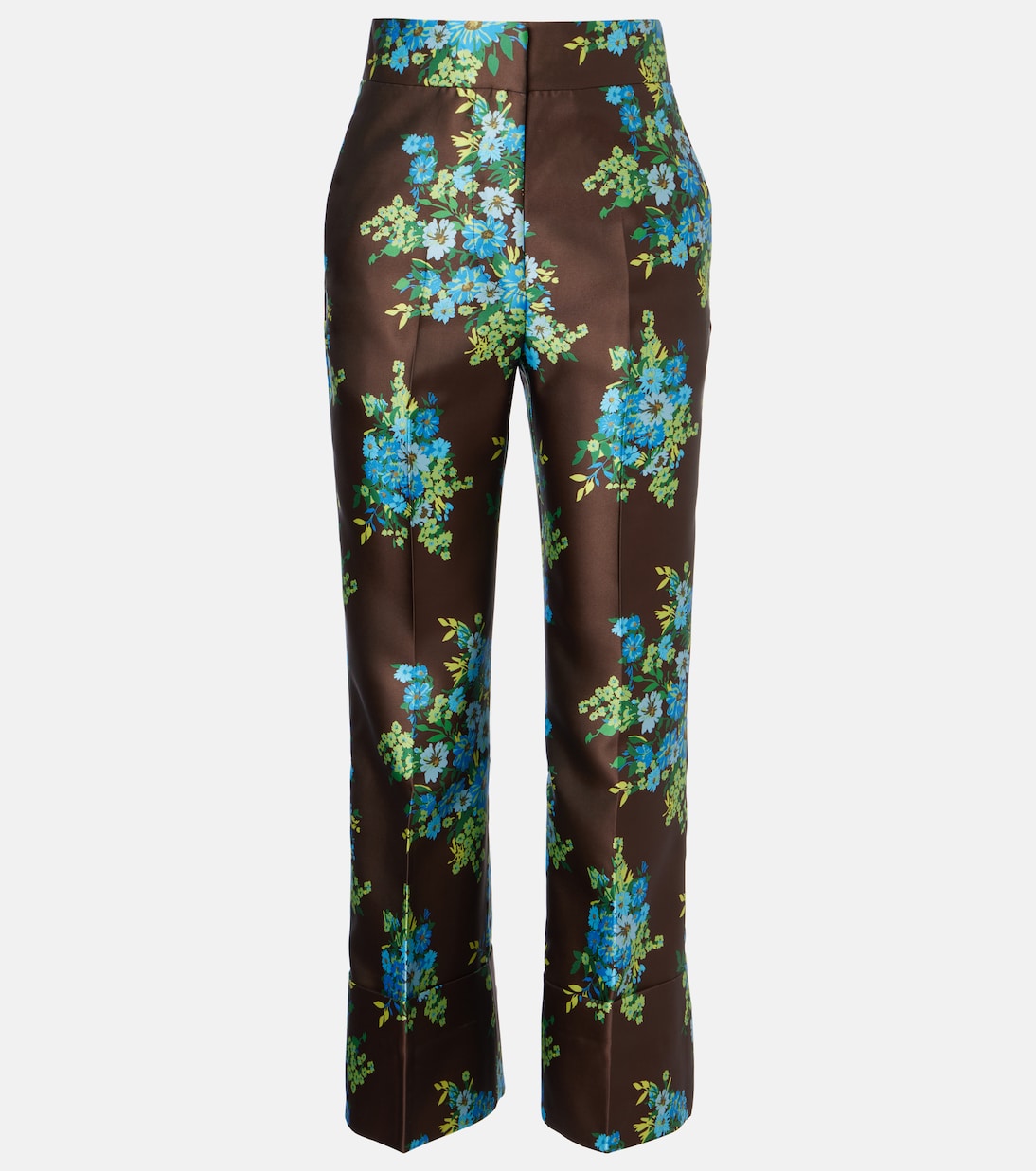 Floral Cropped Satin Flared Pants in Brown - Alemais