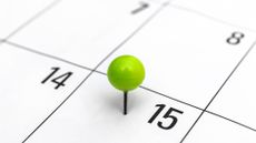 A green pushpin marks the 15th on a calendar.