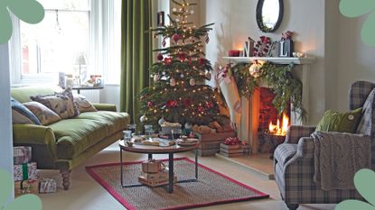 Cozy living room with open fire and real Christmas tree to suppoert an article answering how often should you water a Christmas tree
