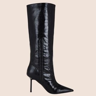 flat lay image of black croc material knee high boots