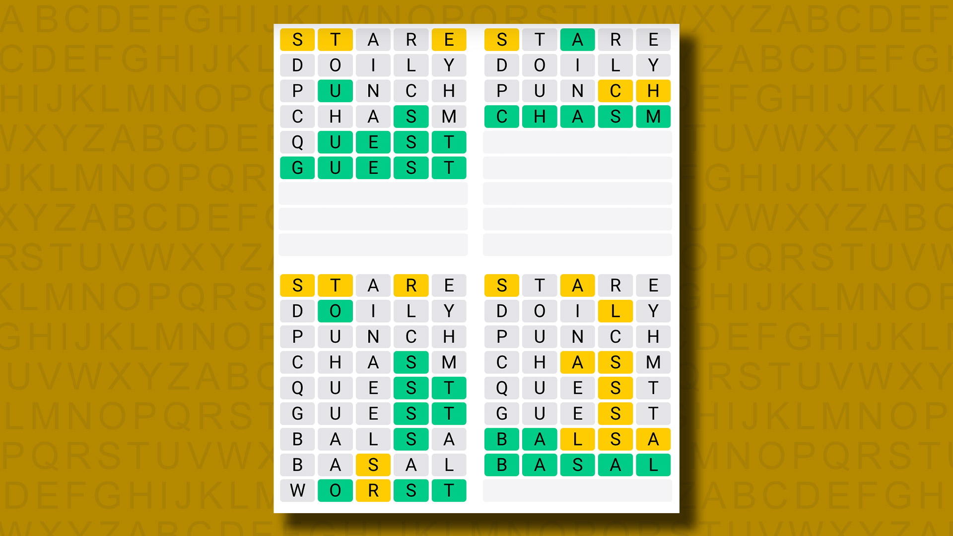 Respuestas de Quordle para el juego 977 sobre un fondo amarillo