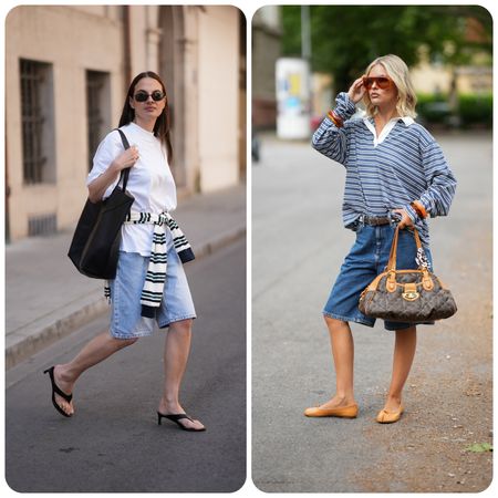collage of women wearing denim and summer shoes 