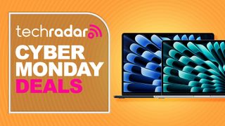 A pair of MacBook Air laptops against an orange TechRadar Cyber Monday deals background