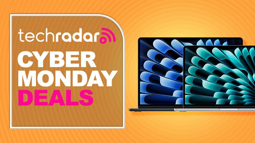 A pair of MacBook Air laptops against an orange TechRadar Cyber Monday deals background
