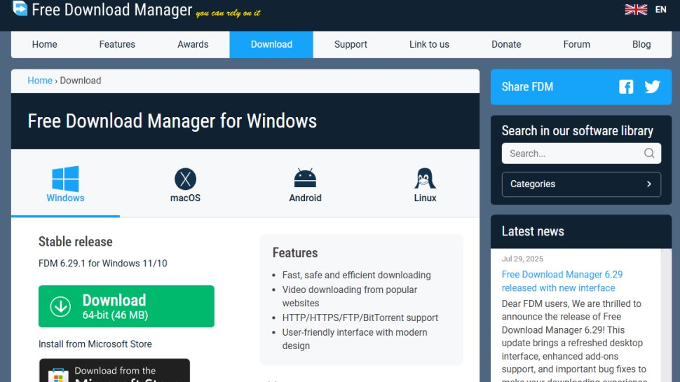 Website screenshot of Free Download Manager (August, 2025)