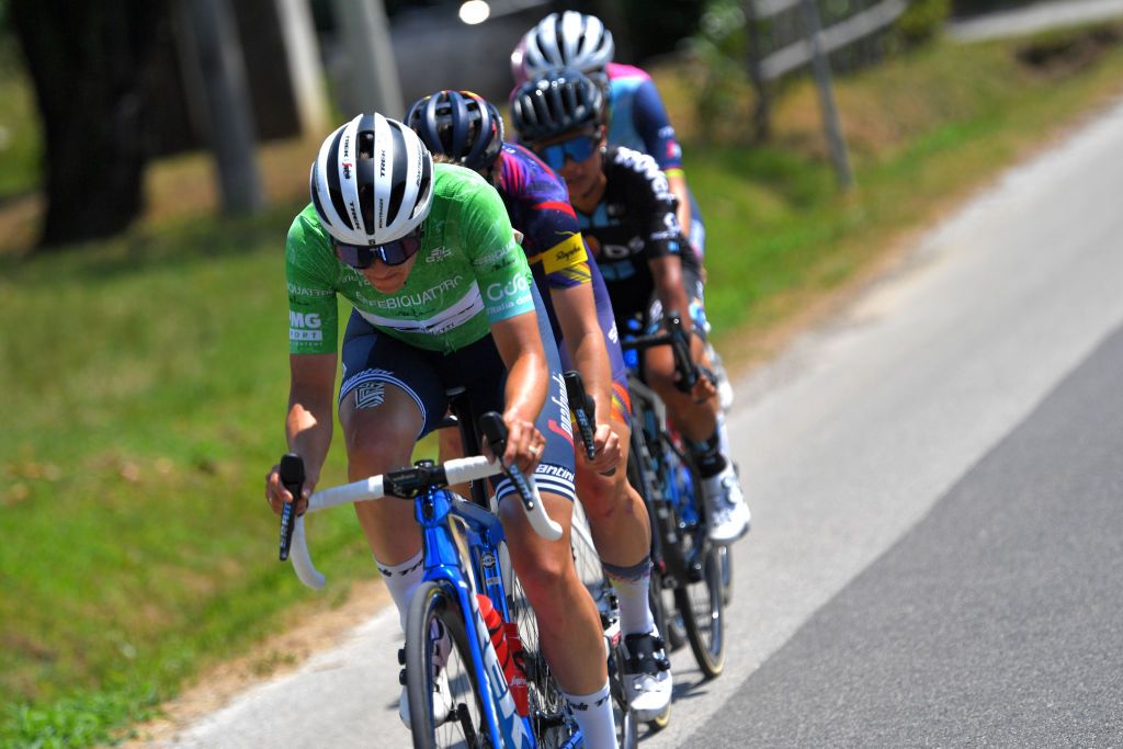 CORMONS ITALY JULY 11 Lucinda Brand of Netherlands and Team Trek Segafredo Green Mountain Jersey in breakaway during the 32nd Giro dItalia Internazionale Femminile 2021 Stage 10 a 113km stage from Capriva del Friuli to Cormons GiroDonne UCIWWT on July 11 2021 in Cormons Italy Photo by Luc ClaessenGetty Images