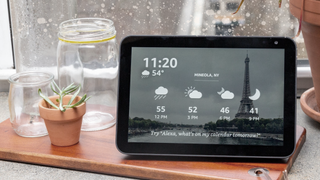 Echo Show 8 by a windowsill with a wintery look