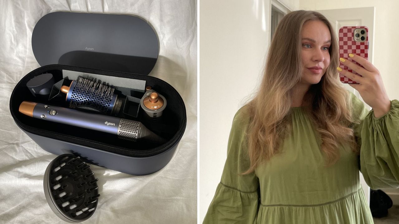 Dyson airwrap review - the complete multistyler set in its packaging and valeza&#039;s hair after styling it with the dyson airwrap