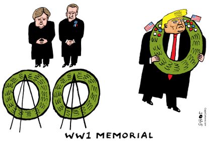 Political cartoon U.S. WWI memorial Trump veterans Emmanuel Macron Angela Merkel