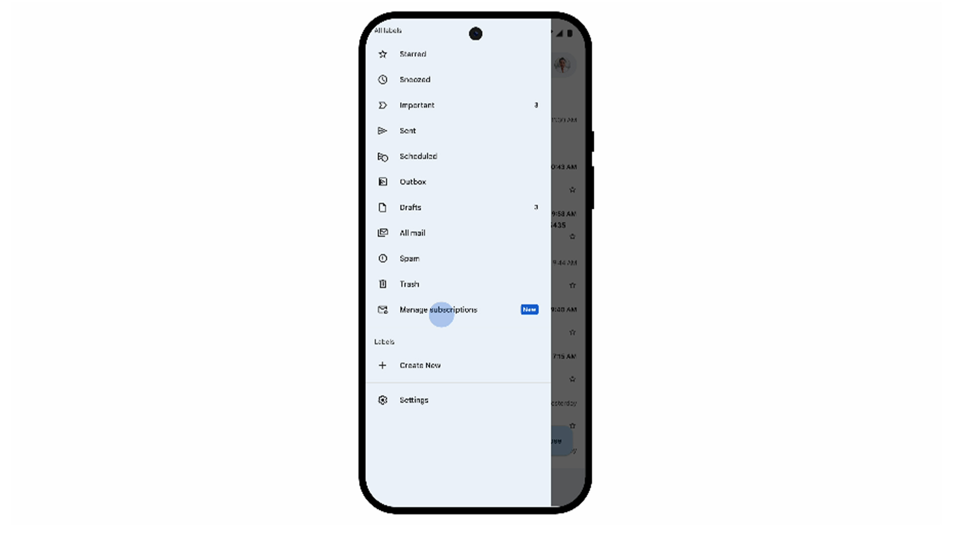 Google press image showing Gmail 'manage subscriptions' feature on the side bar of the iOS app.