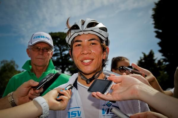 Stage 2 winner, Caleb Ewan gets interviewed by media