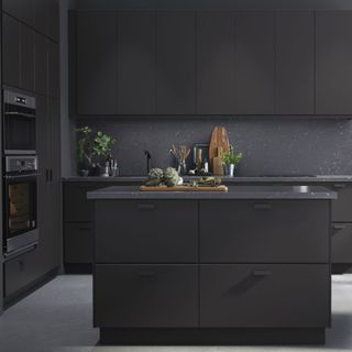kitchen with black coloured cabinet and potted plant
