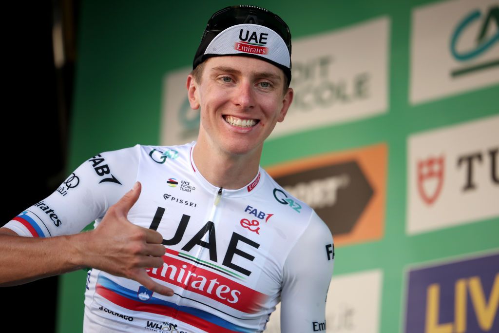 BERGAMO ITALY OCTOBER 07 Tadej Pogacar of Slovenia and UAE Team Emirates smiles at the podium as race winner during the 117th Il Lombardia 2023 a 238km one day race from Como to Bergamo on October 07 2023 inin Bergamo Italy Photo by Sara CavalliniGetty Images