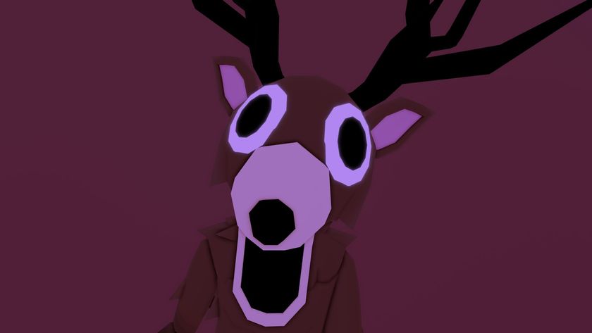 The Deer from 99 Nights in the Forest when it pops into the screen for a jumpscare. The camera is zoomed in on its face as it stares dead-eyed and mouth opened at the screen.