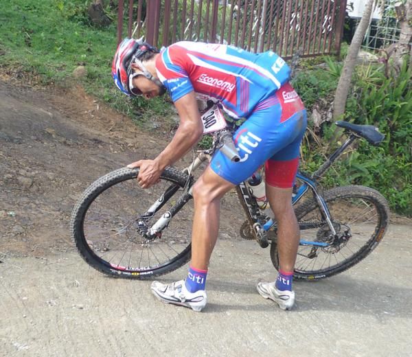 Luis Mejia Sanchez discovers he has a flat.