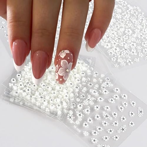 Splocudu White Flower Nail Art Stickers White Flower With Rhinestones Nail Decals 3d Self Adhesive Nail Stickers Nail Art Designs Flowers Sticker for Nails Decorations 30 Sheets
