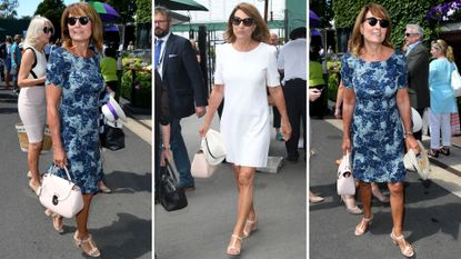 A composite of images of Carole Middleton at Wimbledon wearing the same pink-beige block heel sandals