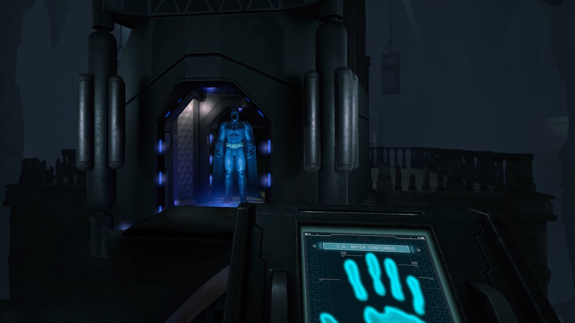 Batman: Arkham Shadow screenshot showing a hand print scanner in front of a Batman suit that's housed behind glass