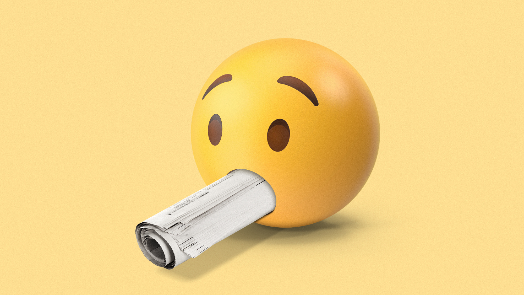 Illustration of a surprised emoji with a rolled up newspaper stuffed in its mouth