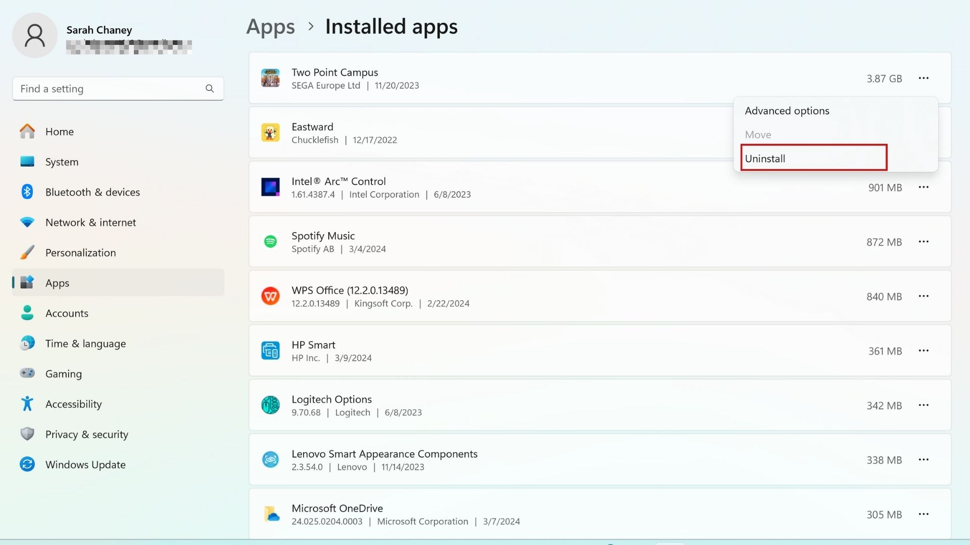 uninstalling an app through windows 11 settings